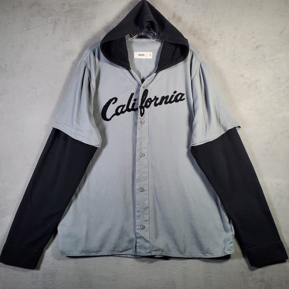 Hollister Hooded Shirt Men XL Gray Black Baseball Button Stitched Logo Skate Y2K